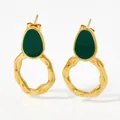 Vintage gold-plated hoop earrings with dark green enamel oval charm and hammered texture - Irregular Hammered Hoop / Gold + Green (KDE738)