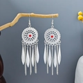 Ethnic bohemian silver tassel earrings with red accent and metal leaf pendants - Silver Hollow Round Disc Red Decorated Style (E6101-21)
