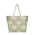 Detail of bohemian beach tote with mint damask pattern and natural jute rope handles - Light Green Vintage Damask Pattern (jiayingstb32)