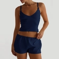 Damen-Yogaset bestehend aus dunkelblauem Spaghettiträger-Top und passenden kurzen Shorts - S / Marineblau