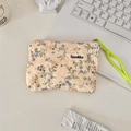 Floral embroidery small cotton pouch with zipper and green strap on minimalist desk - Red and Blue Floral Embroidery / Blue Floral