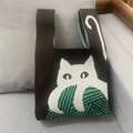 Brown knit tote bag featuring a cute white cat and green yarn ball pattern - Coffee Cat