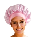 Pink satin wide-band sleep cap for hair care shown on model with white background - Pink