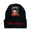 Detail of black knit beanie with Merry Christmas text and festive reindeer patterns - Black-Style B