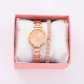 Rose gold quartz watch and heart rhinestone bracelet set in a pink luxury gift box - Rose Gold Watch Heart Rhinestone Bracelet Set (Pink Box)