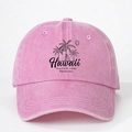 Vista detallada de la gorra rosa de algodón lavado con estampado negro de palmeras Hawaii - Rosa