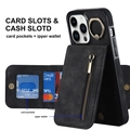 Detail of black leather wallet case with multiple card slots and zipper pouch for iPhone - Black / Iphone12/pro 6.1
