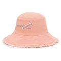 Pink frayed edge bucket hat with embroidered patches and street style washed finish - Adjustable / Pink