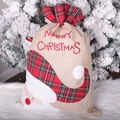 Linen Christmas drawstring gift bag with Santa Claus patch and red embroidery detail - Red Plaid Burlap Bag - Santa Claus