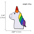 Detailed view of rainbow unicorn enamel pin with size specs and colorful gradient mane - Rainbow Unicorn Style (A00692)