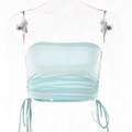Detail of light blue ribbed knit bandeau top featuring side drawstrings and ruched front - S / Blue