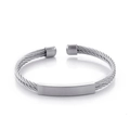 Mens minimalist stainless steel twisted cable wire open bangle with rectangular metal plate - Silver (KB148611-KLHQ)