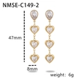 18K gold plated stainless steel long drop earrings featuring four stacked sparkling hearts - Gold Color White Rhinestone (NMSE-C149-2)