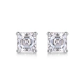 Macro shot of silver four-prong square cut stud earrings on white background - E12956-Square Cut with GRA Certificate