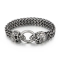 Pulsera punk de calavera retro en plata envejecida con cadena trenzada y cierre de anillo - 21cm / Plata Antigua
