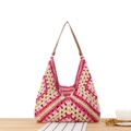 Handgefertigte gewebte Tragetasche mit rosa geometrischen Mustern und Lederriemen - Rosarot
