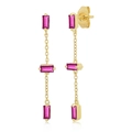 Dettaglio orecchini pendenti oro con tre zirconi rosa e lunghe nappe a catenella - Zircone Rosso Rosa (Placcato Oro)