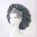 Dark grey satin sleep cap with light grey bow and wide elastic band for hair care - Medium Single Layer Ribbon / Dark Gray