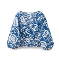 Detail van de blauwe bloementop met V-hals, elastische taille en zachte stoftextuur - XS / Blauw