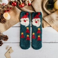 Thick Christmas coral fleece socks in dark green with Santa Claus and red pom-poms - One Size / Dark Green Santa Claus
