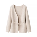 Beige knit cardigan with waist tie and long sleeves for a minimalist fashion look - S / Off White