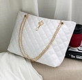 Elegant white quilted tote bag with golden crown pearl pendant and chain strap - White