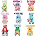 Set of 9 colorful monster embroidery patches with rainbow motifs and cute phrases - Set E