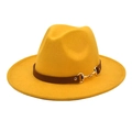 Detailed close-up of yellow wool fedora hat with brown leather band and gold horsebit - Yellow / M (56-58cm)