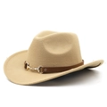Dettaglio cappello in feltro beige con fascia in pelle marrone e fibbia a morsetto dorata - M (56-58cm) Regolabile / Cammello