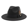 Classic black wool fedora hat with elegant feather detail and vintage metal buckle - M (56-58cm) / Black