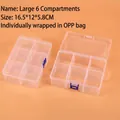 6-grid clear plastic storage box with blue buckles shown in open and closed views - Large 6-Compartment (16.5x12x5.8cm)