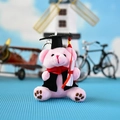 Vista dettagliata dell'orsetto di laurea in peluche rosa con tocco e toga neri e diploma - Tipo standard / Rosa