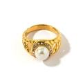 Bague en acier inoxydable plaqué or 18 carats avec perle et halo de zircons brillants - Or Texture Tissée Avec Grande Perle (YR61)
