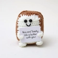 Handmade knitted toast plush doll with smiley face and a nice and toasty quote card - Bread Milk White Dark Brown