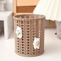 Light brown round pen holder with woven texture and cute rabbit character decoration - Brown Rabbit