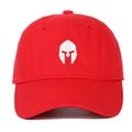 Close-up of white spartan helmet embroidery on red cotton twill baseball cap - Red / Adjustable