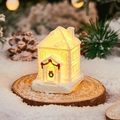 Miniature white snowy Christmas house ornament with warm LED light and festive wreath - Snow House A