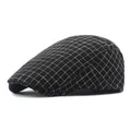 Classic British style cotton flat cap with black and white windowpane check pattern - Adjustable / Black