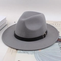 Classic grey wool fedora hat with black leather band and metal buckle on lifestyle books - Flat Brim With Regular Leather Belt / Gray
