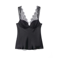 Elegant black lace and satin camisole top with thin straps and V-neckline - XS / Black