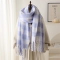 Detail of blue and white checkered faux cashmere scarf with elegant fringe texture - Blue & White