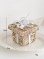 Sparkling champagne gold Christmas gift box ornament with white ribbon bow and silver string - Champagne Style E