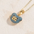 Collier pendentif ourson doré avec perles en zircon bleu ciel et finition or 14 carats - Zircon Bleu Turquoise