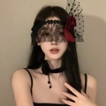 Detalle de diadema con velo de encaje negro, flores rojas y collar floral a juego para Halloween - Juego de malla con borlas de rosa roja (6#) / Negro Rojo