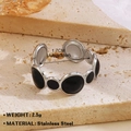Adjustable stainless steel ring with black enamel oval dots and silver finish - Round Ring 2