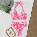 Tropisches Blumen-Bikini-Set mit High-Waist-Hose und Halter-Top in Urlaubsdekoration - S / Rosarot