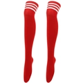 Close-up of red thigh high stockings with white triple stripes and elastic ribbed cuffs - One Size / Red with White Stripes