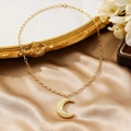 Golden moon pendant necklace with crystal diamonds and classic link chain - Moon Style / Gold