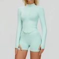 Ensemble de yoga sans couture vert menthe avec haut zippé et short de sport côtelé - S / Haut Et Bas / Ensemble deux pièces / Vert menthe