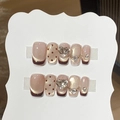 Unghie press-on cat eye con french nude, pois marroni e strass a forma di cuore - XS / Acero Castagna (Marrone Francese a Pois)
